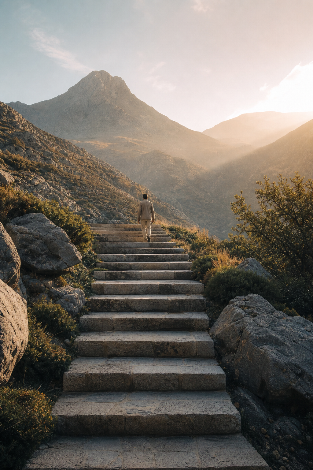 Persona ascendiendo una escalera de piedra hacia la luz entre montañas